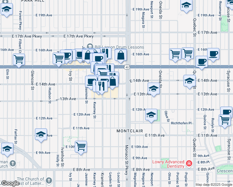 map of restaurants, bars, coffee shops, grocery stores, and more near in Denver