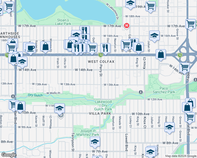 map of restaurants, bars, coffee shops, grocery stores, and more near 1374 Perry Street in Denver