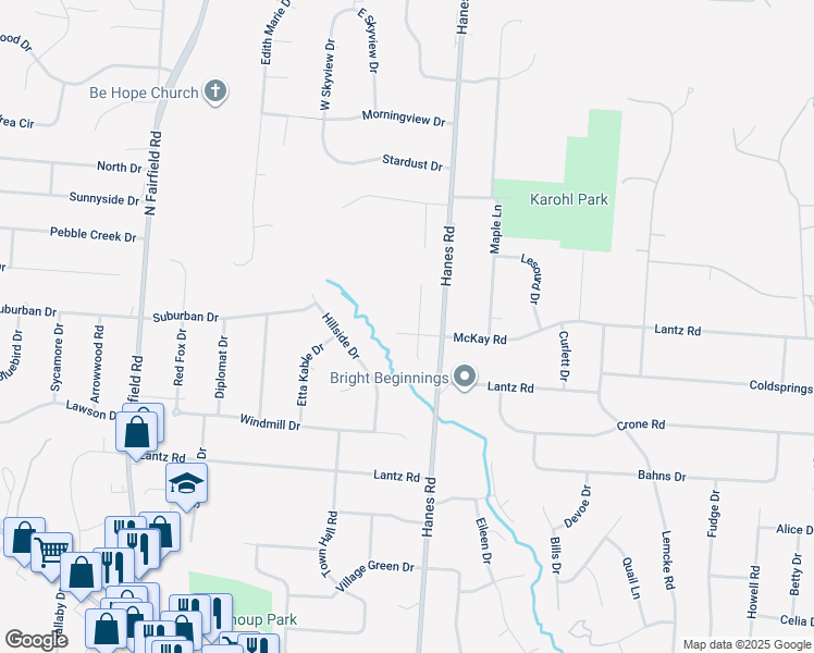 map of restaurants, bars, coffee shops, grocery stores, and more near 1671 North Laddie Court in Dayton