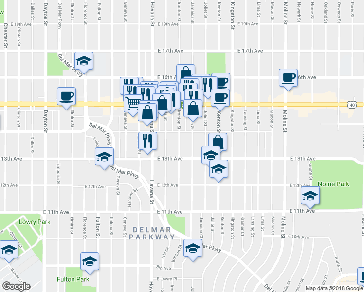 map of restaurants, bars, coffee shops, grocery stores, and more near 1350 Ironton Street in Aurora
