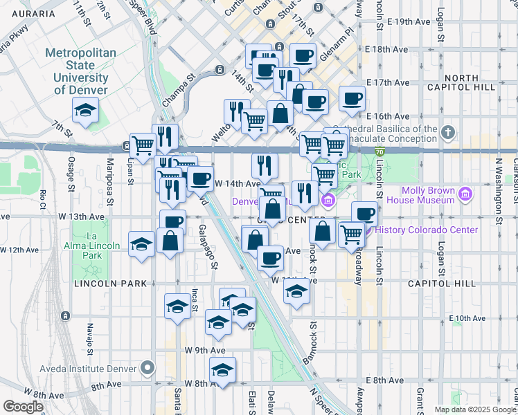 map of restaurants, bars, coffee shops, grocery stores, and more near 1350 Elati Street in Denver