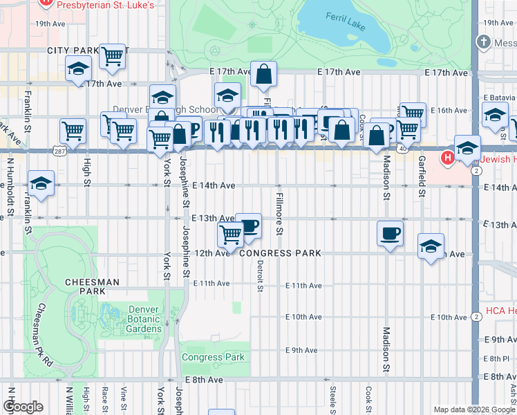 map of restaurants, bars, coffee shops, grocery stores, and more near 1380 Detroit Street in Denver