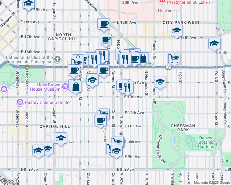 map of restaurants, bars, coffee shops, grocery stores, and more near 1326 Logan Street in Denver