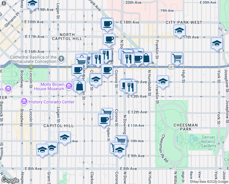 map of restaurants, bars, coffee shops, grocery stores, and more near 1365 Corona Street in Denver