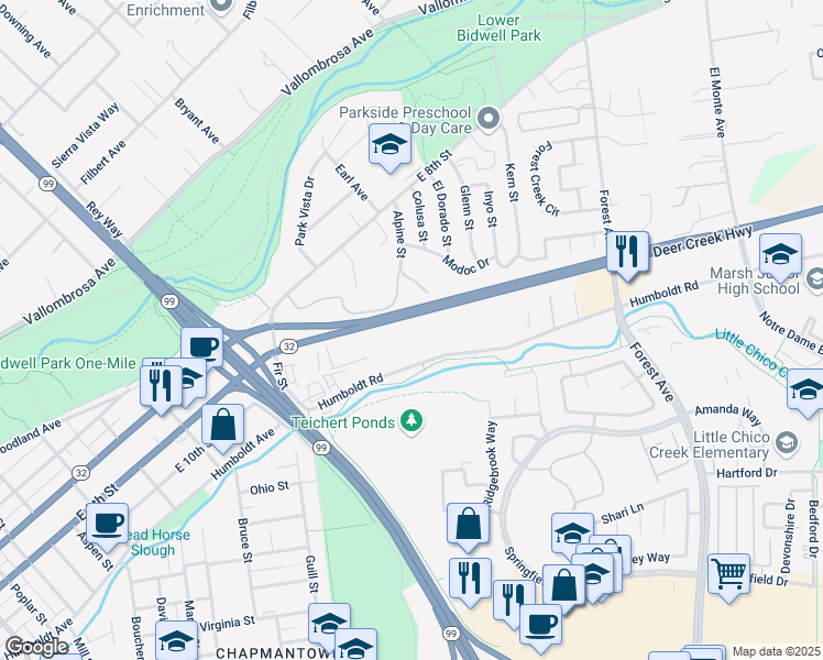 map of restaurants, bars, coffee shops, grocery stores, and more near 1560 Humboldt Road in Chico
