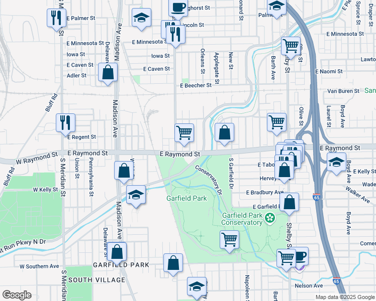 map of restaurants, bars, coffee shops, grocery stores, and more near 530 East Raymond Street in Indianapolis