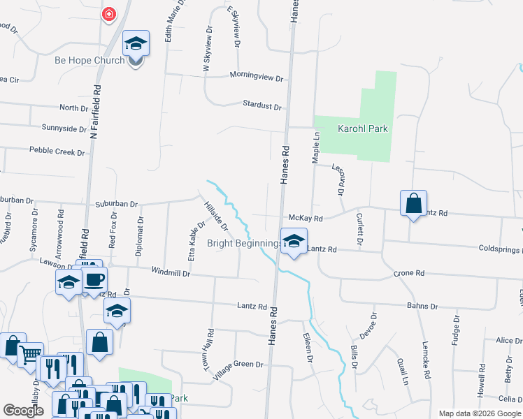 map of restaurants, bars, coffee shops, grocery stores, and more near 1671 North Laddie Court in Dayton
