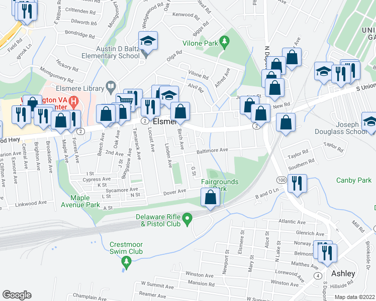 map of restaurants, bars, coffee shops, grocery stores, and more near 919 Baltimore Avenue in Wilmington