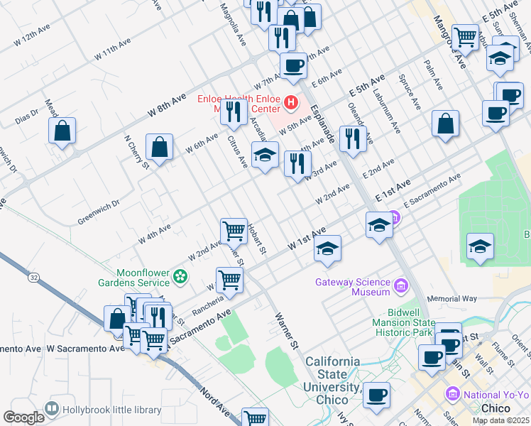 map of restaurants, bars, coffee shops, grocery stores, and more near 1205 Citrus Avenue in Chico