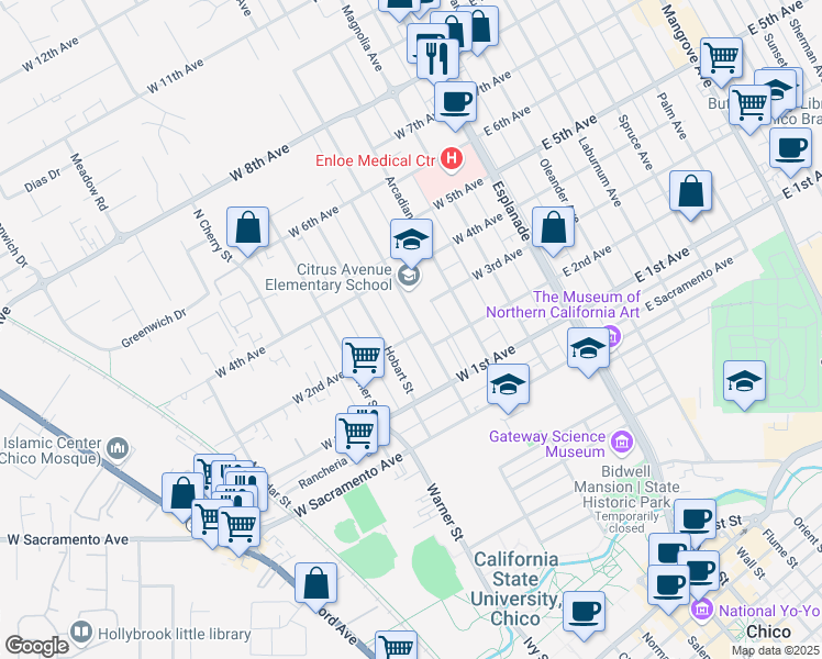 map of restaurants, bars, coffee shops, grocery stores, and more near 1205 Citrus Avenue in Chico