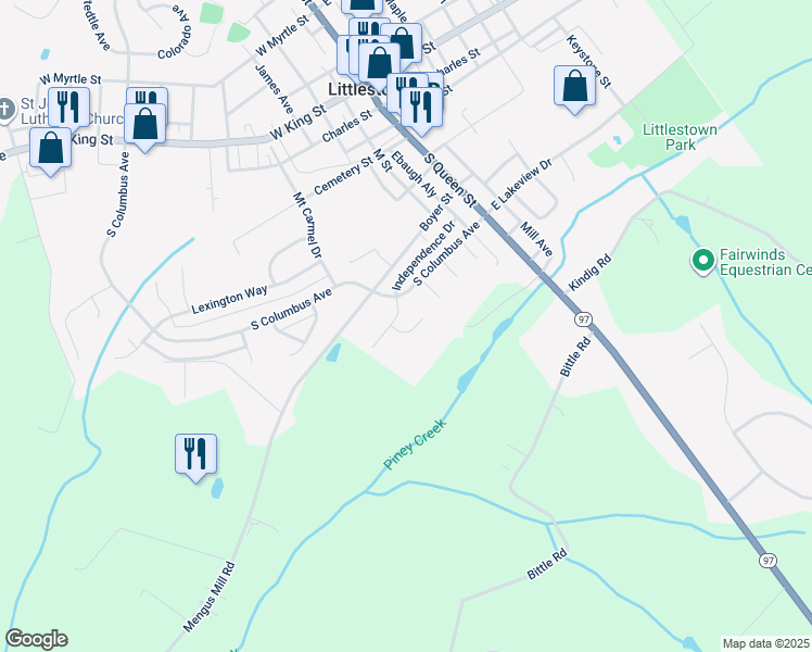map of restaurants, bars, coffee shops, grocery stores, and more near 28 Gettysburg Court in Littlestown