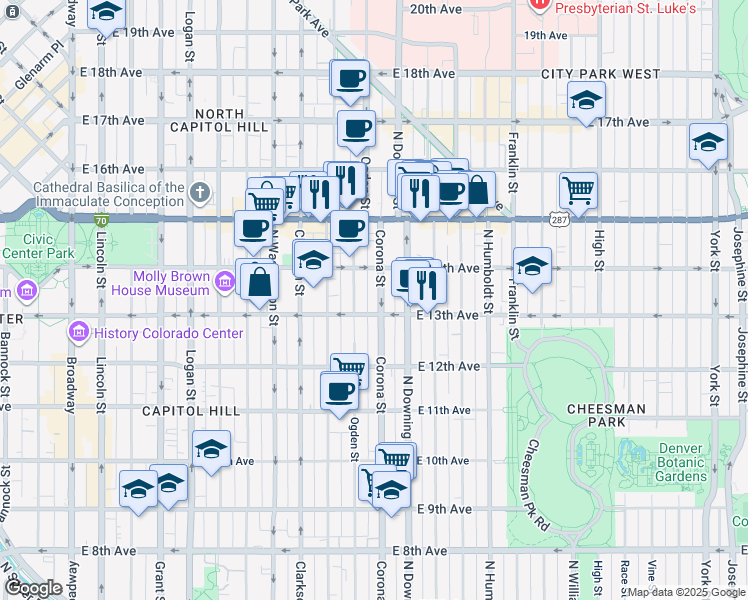 map of restaurants, bars, coffee shops, grocery stores, and more near 1365 Corona Street in Denver