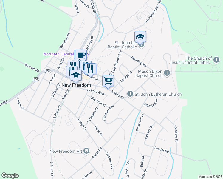 map of restaurants, bars, coffee shops, grocery stores, and more near 131 East Main Street in New Freedom