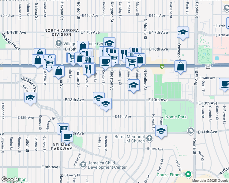 map of restaurants, bars, coffee shops, grocery stores, and more near 1350 Kingston Street in Aurora