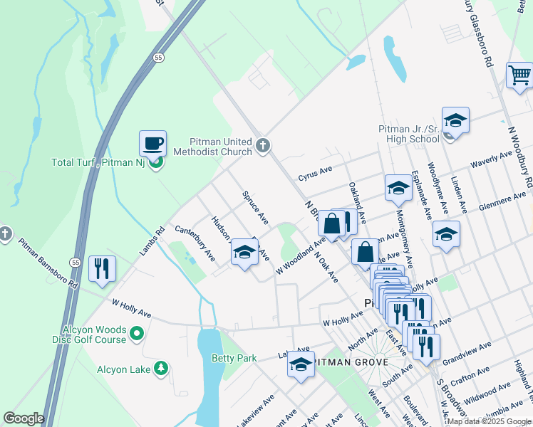 map of restaurants, bars, coffee shops, grocery stores, and more near 509 Spruce Avenue in Pitman