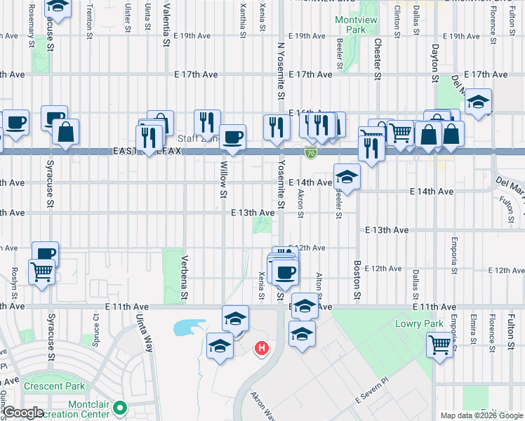 map of restaurants, bars, coffee shops, grocery stores, and more near 1270 Xenia Street in Denver
