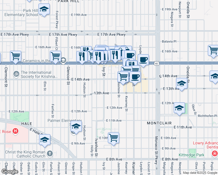 map of restaurants, bars, coffee shops, grocery stores, and more near 1380 Ivy Street in Denver