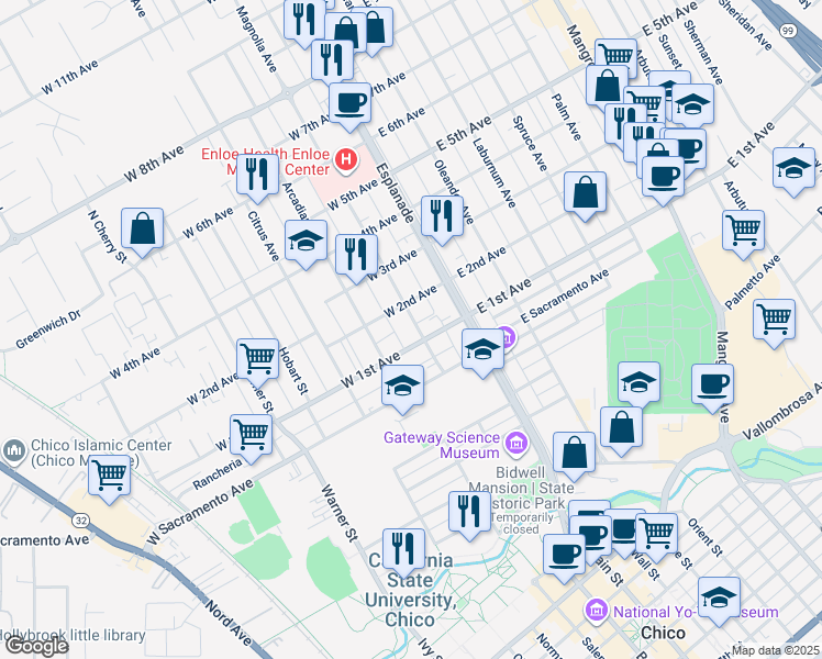 map of restaurants, bars, coffee shops, grocery stores, and more near 1121 Magnolia Avenue in Chico