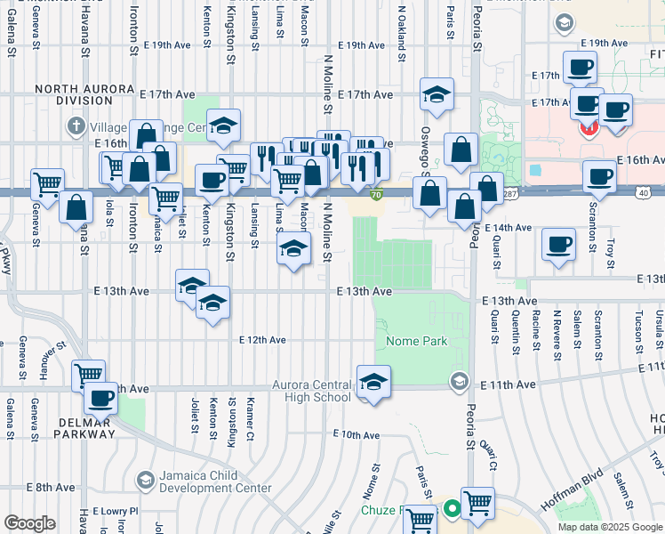 map of restaurants, bars, coffee shops, grocery stores, and more near 1383 Moline Street in Aurora