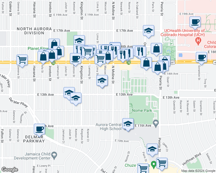 map of restaurants, bars, coffee shops, grocery stores, and more near 1383 Moline Street in Aurora