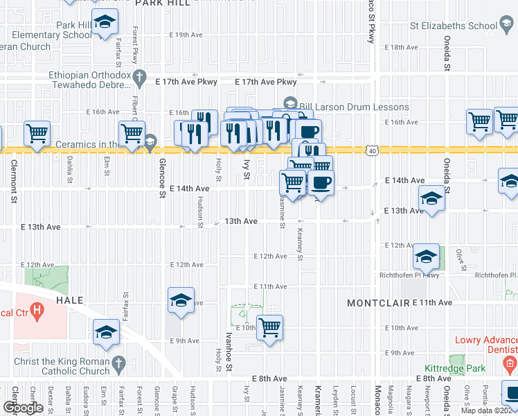 map of restaurants, bars, coffee shops, grocery stores, and more near 1380 Ivy Street in Denver