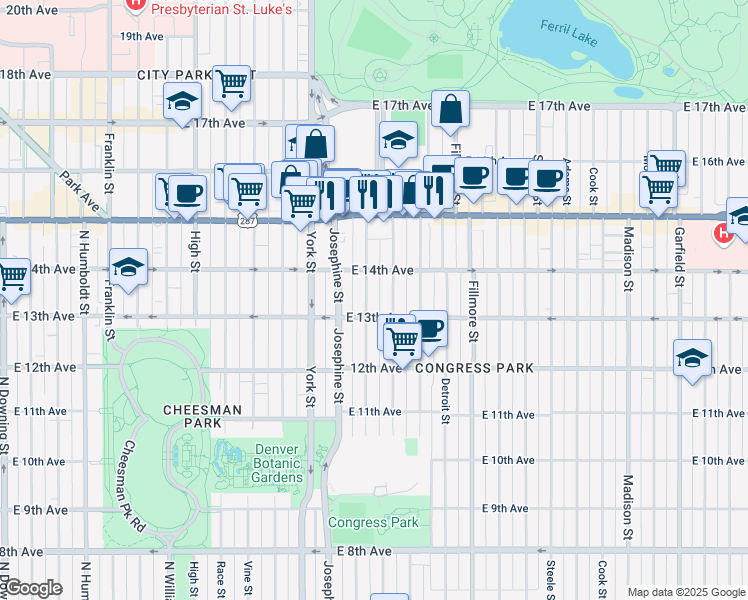 map of restaurants, bars, coffee shops, grocery stores, and more near 1365 Elizabeth Street in Denver