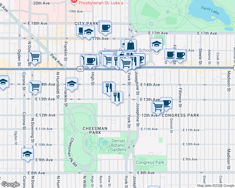 map of restaurants, bars, coffee shops, grocery stores, and more near in Denver