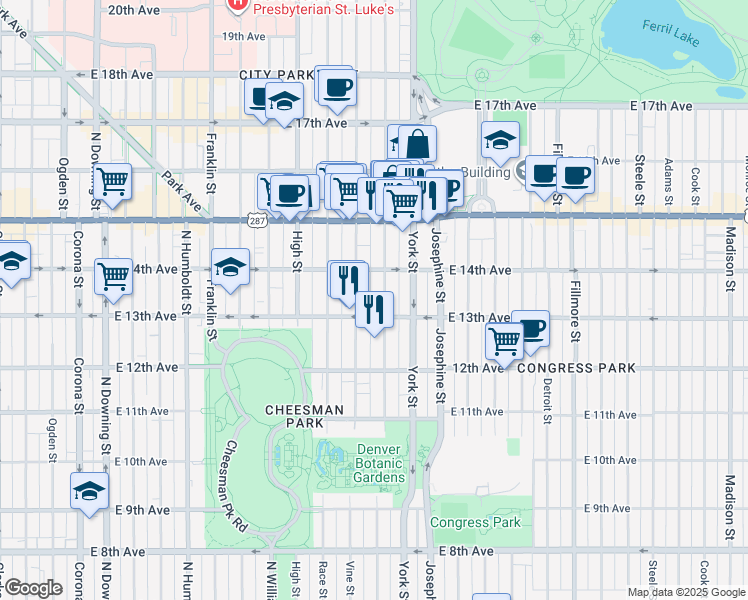 map of restaurants, bars, coffee shops, grocery stores, and more near in Denver