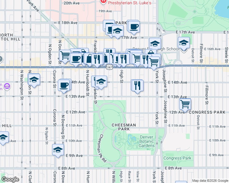 map of restaurants, bars, coffee shops, grocery stores, and more near in Denver