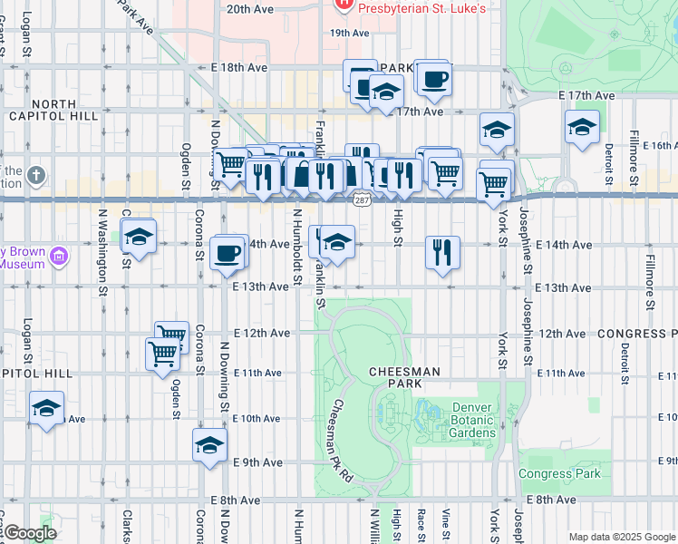 map of restaurants, bars, coffee shops, grocery stores, and more near 1368 Gilpin Street in Denver