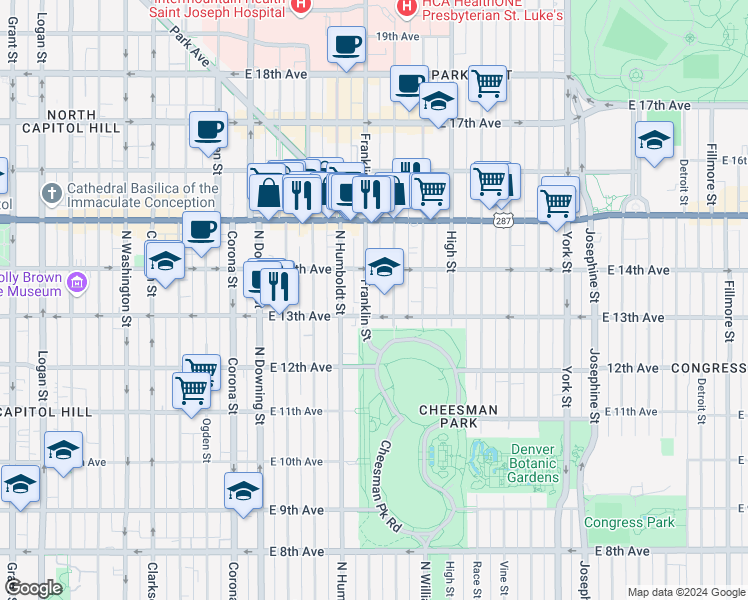 map of restaurants, bars, coffee shops, grocery stores, and more near 1328 Franklin Street in Denver