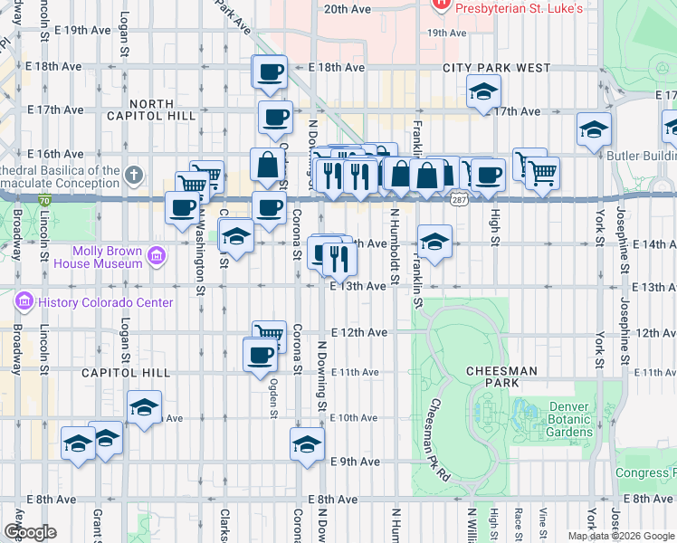 map of restaurants, bars, coffee shops, grocery stores, and more near 1362 North Marion Street in Denver