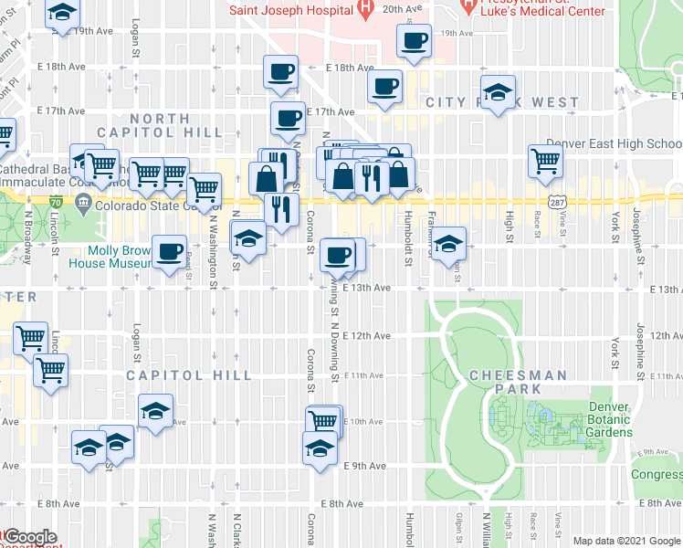 map of restaurants, bars, coffee shops, grocery stores, and more near 1356 North Downing Street in Denver