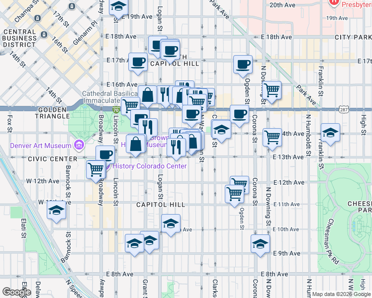 map of restaurants, bars, coffee shops, grocery stores, and more near in Denver