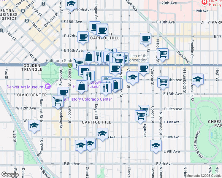map of restaurants, bars, coffee shops, grocery stores, and more near in Denver