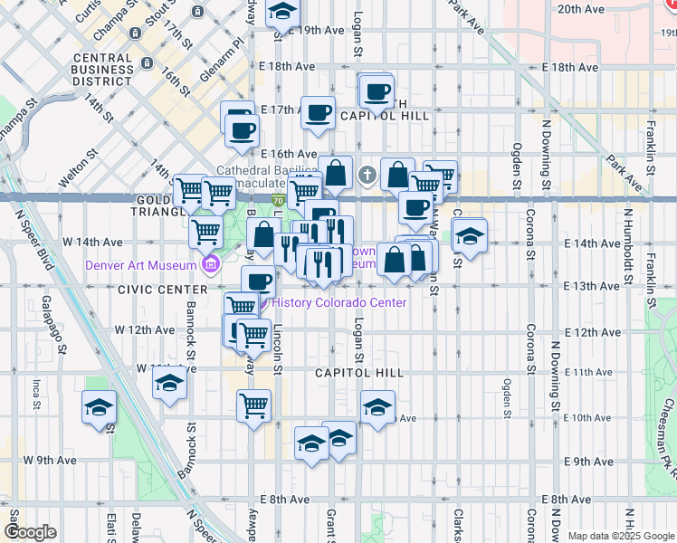 map of restaurants, bars, coffee shops, grocery stores, and more near 1370 Grant Street in Denver