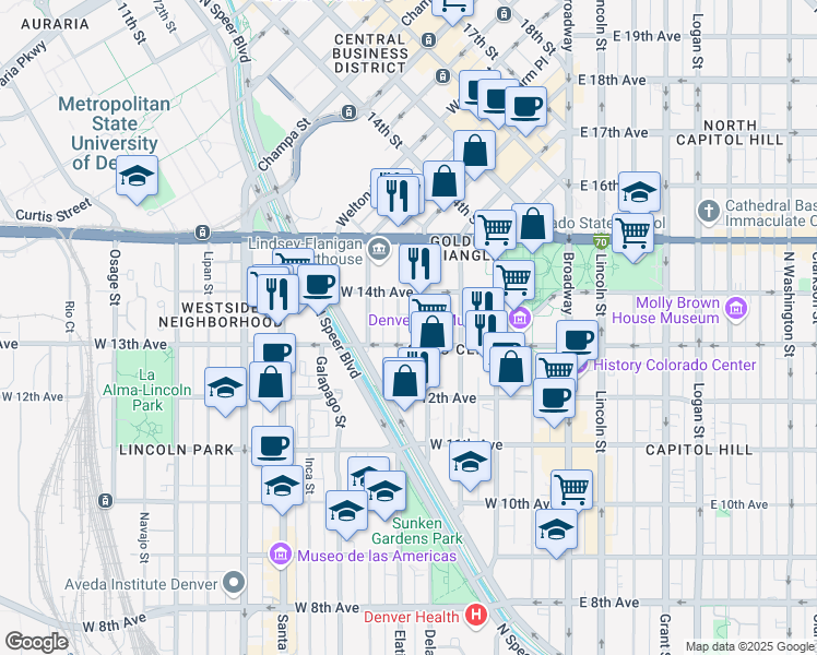 map of restaurants, bars, coffee shops, grocery stores, and more near 1370 Elati Street in Denver