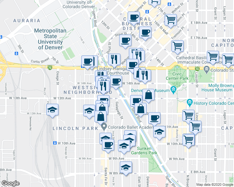 map of restaurants, bars, coffee shops, grocery stores, and more near 1350 Speer Boulevard in Denver
