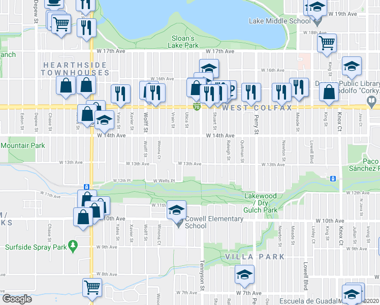 map of restaurants, bars, coffee shops, grocery stores, and more near 1368 Utica Street in Denver