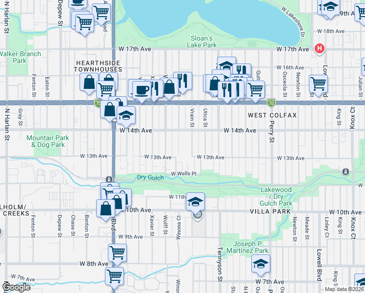 map of restaurants, bars, coffee shops, grocery stores, and more near 1367 Vrain Street in Denver