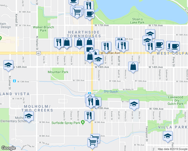 map of restaurants, bars, coffee shops, grocery stores, and more near 1375 Zenobia Street in Denver