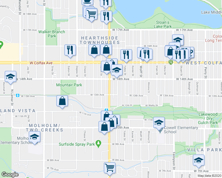 map of restaurants, bars, coffee shops, grocery stores, and more near 1375 Zenobia Street in Denver