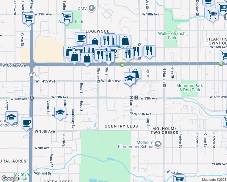 map of restaurants, bars, coffee shops, grocery stores, and more near 1370 Otis Street in Lakewood