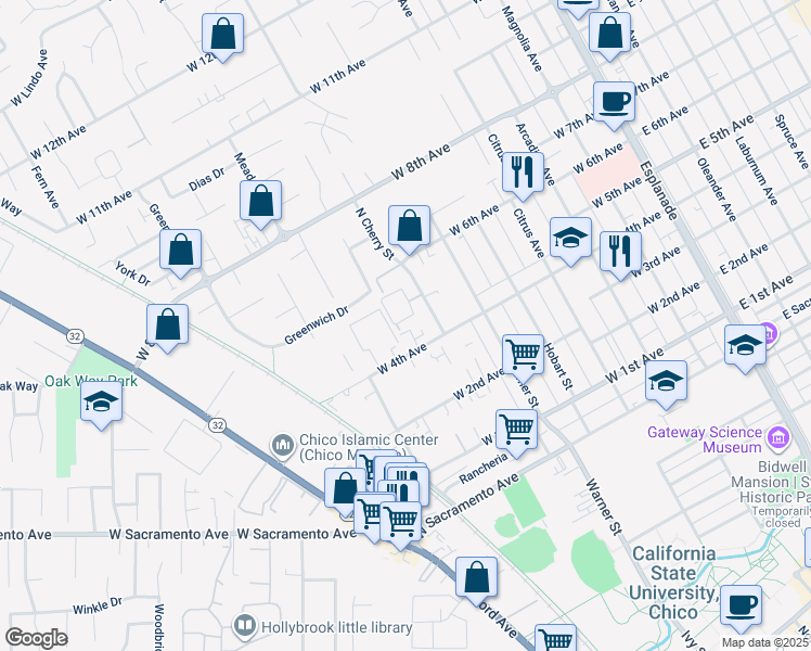 map of restaurants, bars, coffee shops, grocery stores, and more near 1501 North Cherry Street in Chico