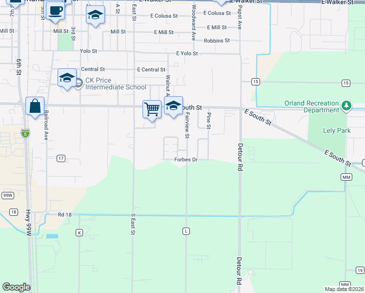 map of restaurants, bars, coffee shops, grocery stores, and more near 1415 Fairview Street in Orland