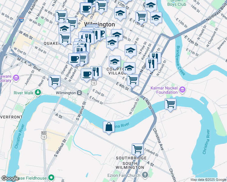 map of restaurants, bars, coffee shops, grocery stores, and more near 510 East 4th Street in Wilmington