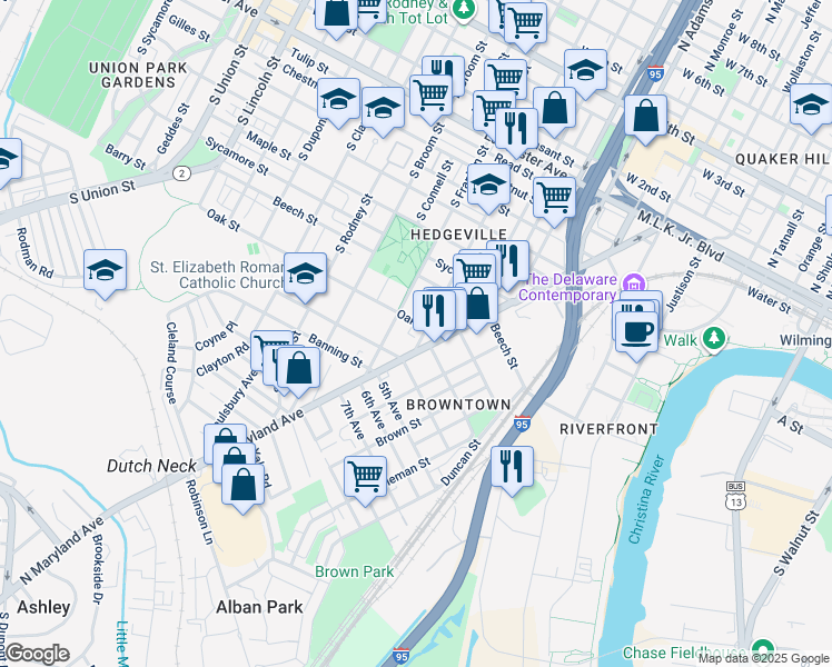 map of restaurants, bars, coffee shops, grocery stores, and more near 735 Warner Street in Wilmington
