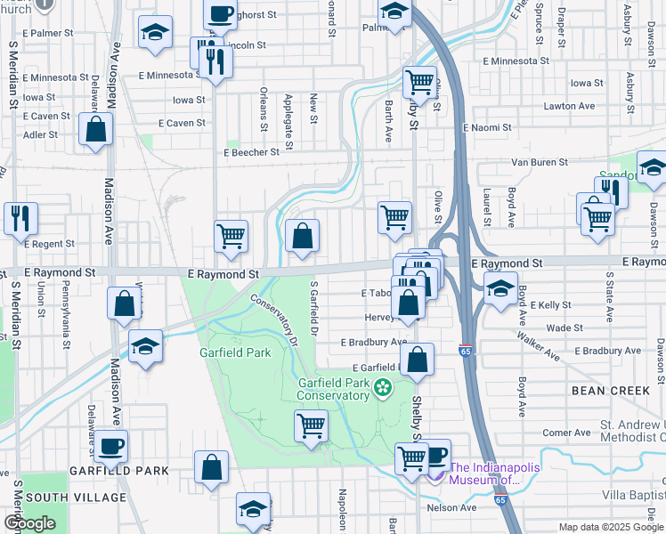 map of restaurants, bars, coffee shops, grocery stores, and more near 2160 Napoleon Street in Indianapolis