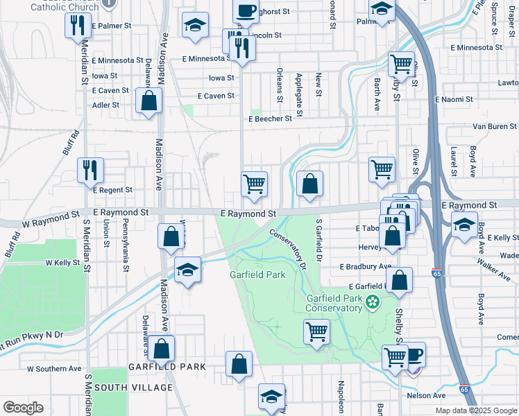 map of restaurants, bars, coffee shops, grocery stores, and more near 2155 Singleton Street in Indianapolis