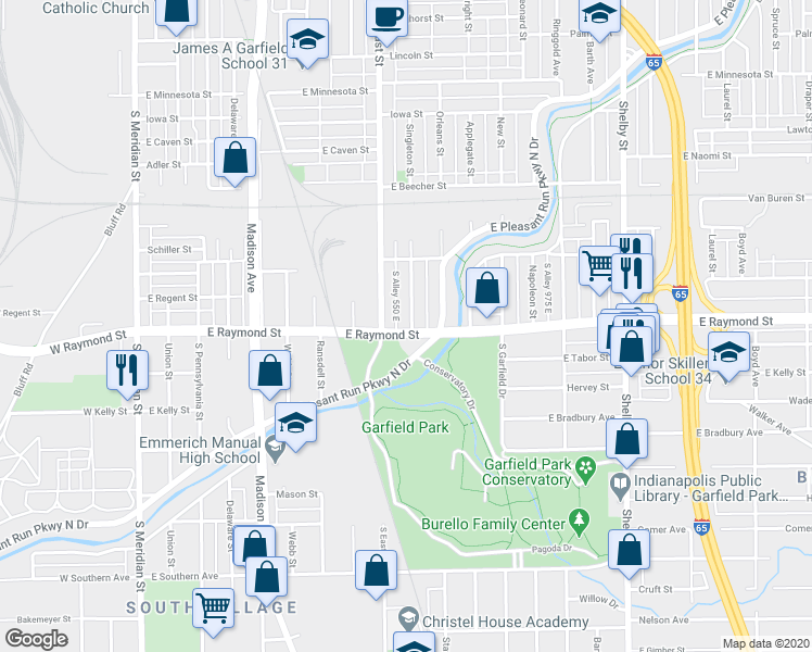 map of restaurants, bars, coffee shops, grocery stores, and more near 2155 Singleton Street in Indianapolis